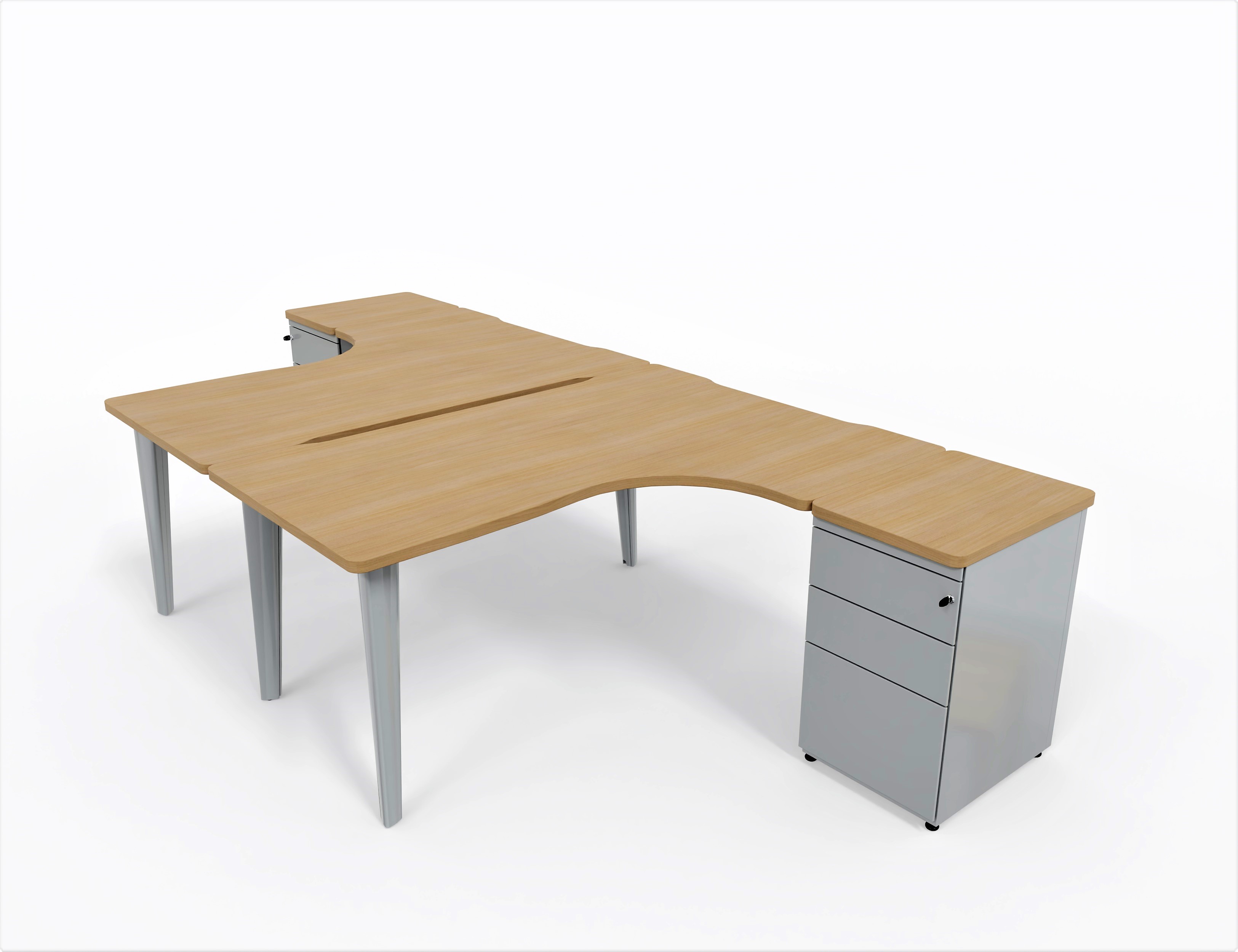 Ensemble 2 bureaux compact 90° asymétriques Evidence - l. 160 x l. 120 x pr 80-60 cm + 2 caissons h. bureau juxtaposés