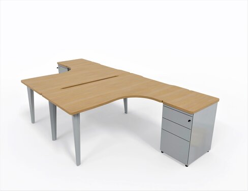 Ensemble 2 bureaux compact 90° asymétriques Evidence - l. 160 x l. 120 x pr 80-60 cm + 2 caissons h. bureau juxtaposés