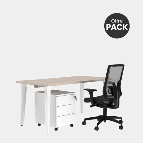 Offre pack : Bureau droit Evidence - l. 160 cm + caisson mobile 3 tiroirs plats + fauteuil