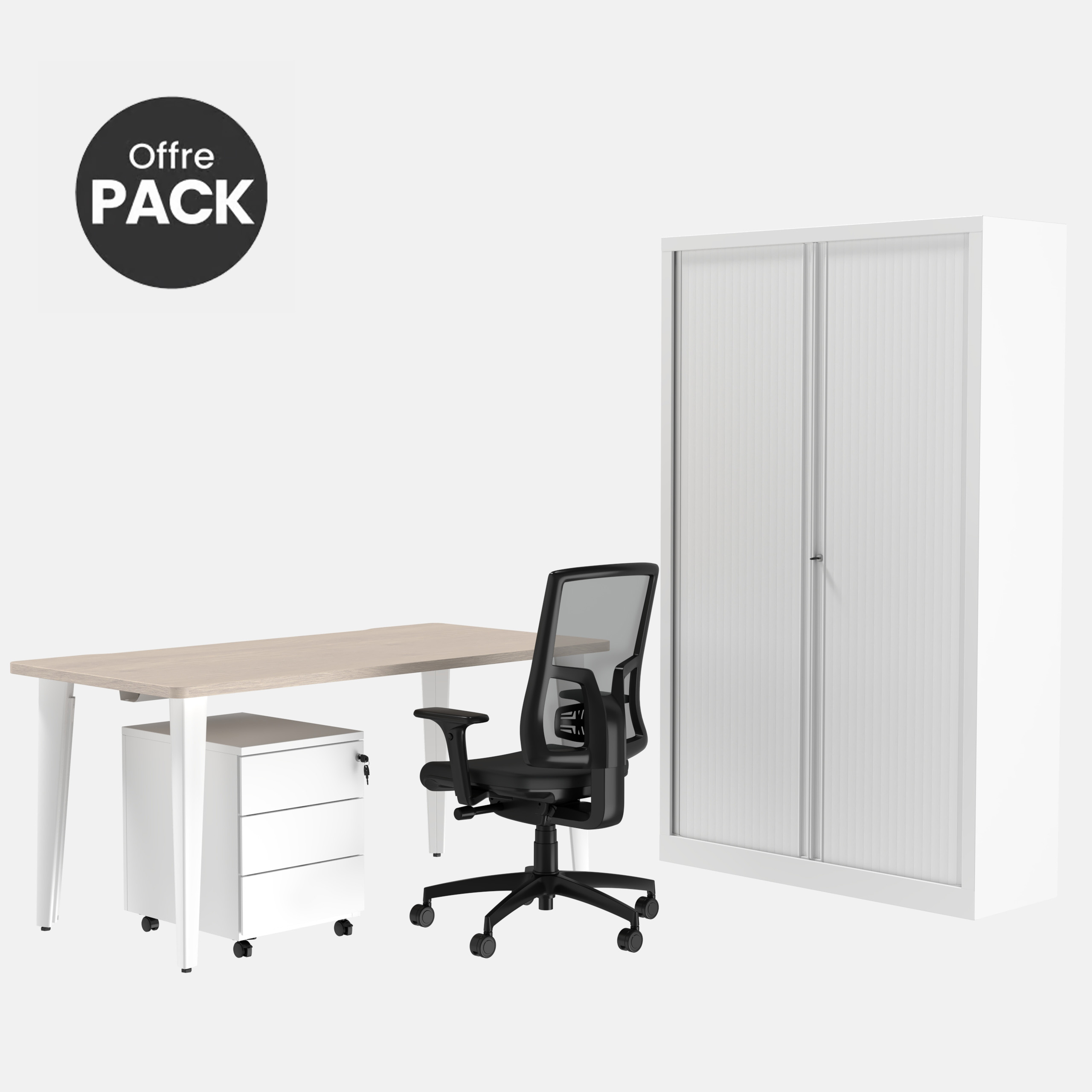 Offre pack : Bureau droit Evidence - l. 160 cm + caisson mobile 3 tiroirs plats + armoire haute + fauteuil
