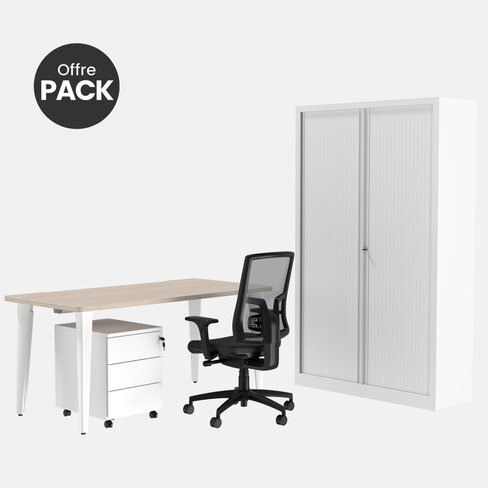 Offre pack : Bureau droit Evidence - l. 160 cm + caisson mobile 3 tiroirs plats + armoire haute + fauteuil