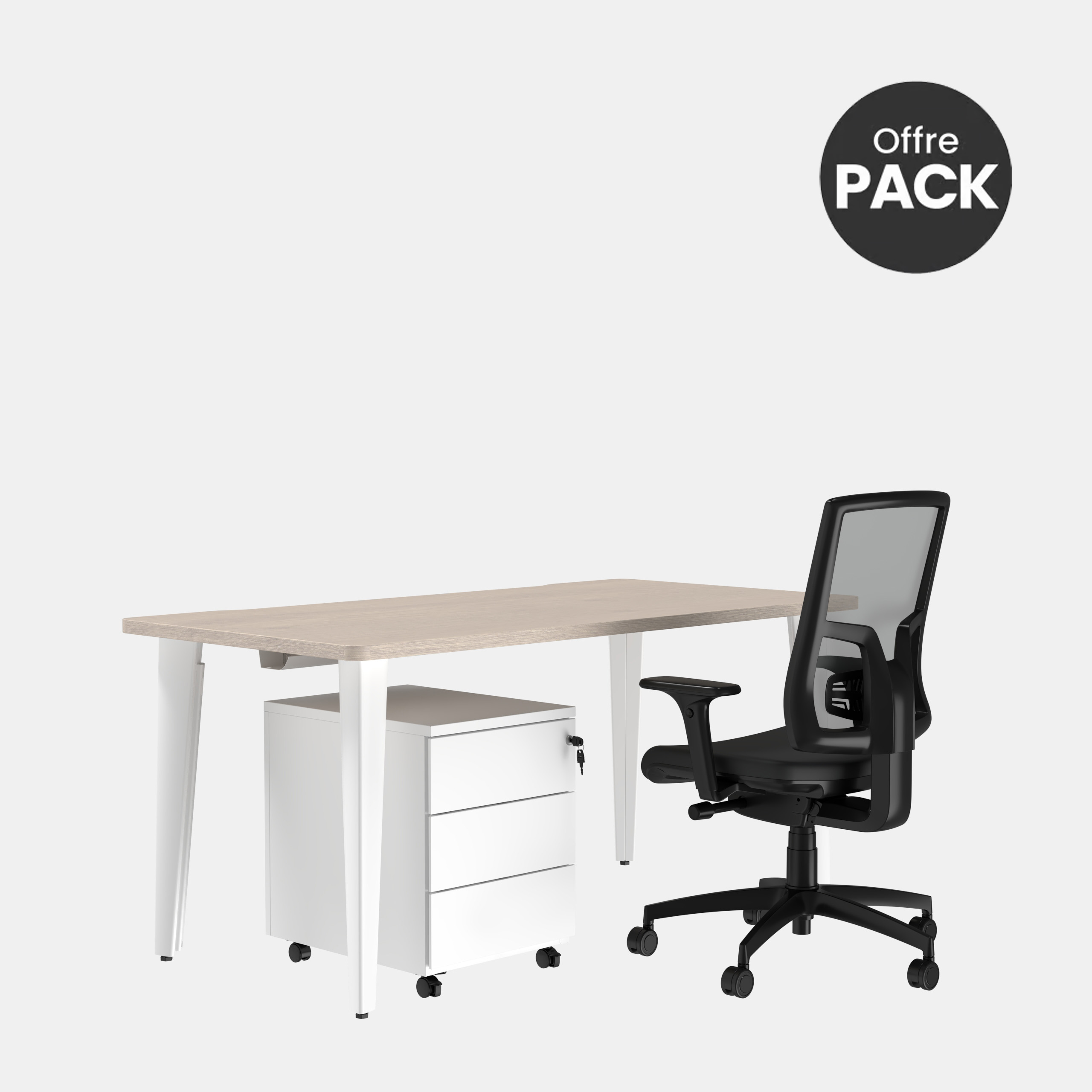 Offre pack : Bureau droit Evidence - l. 160 cm + caisson mobile 3 tiroirs plats + fauteuil - délai court