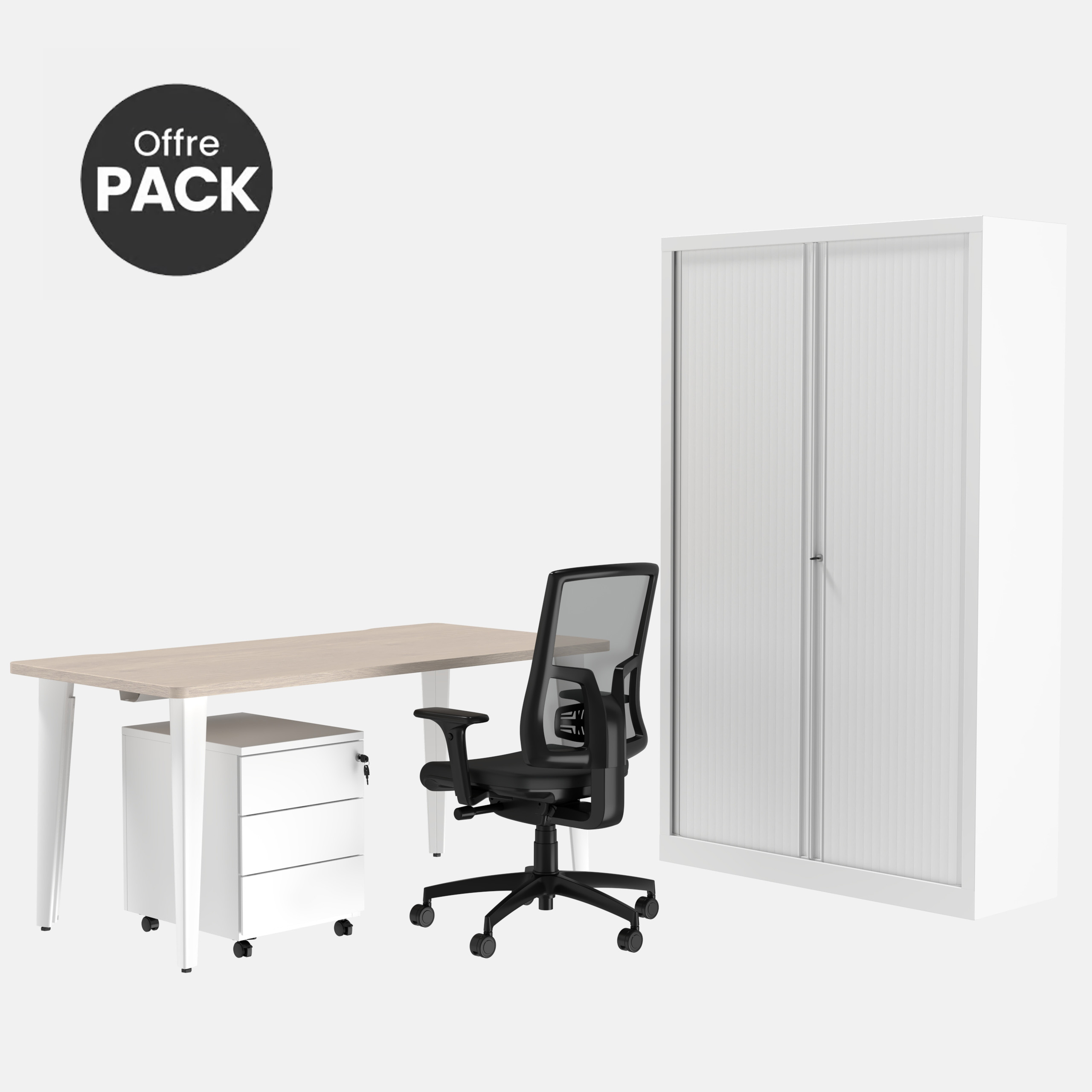 Offre pack : Bureau droit Evidence - l. 160 cm + caisson 3 tiroirs plats + armoire haute + fauteuil - délai court