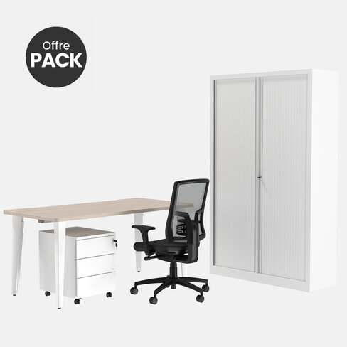 Offre pack : Bureau droit Evidence - l. 160 cm + caisson 3 tiroirs plats + armoire haute + fauteuil - délai court