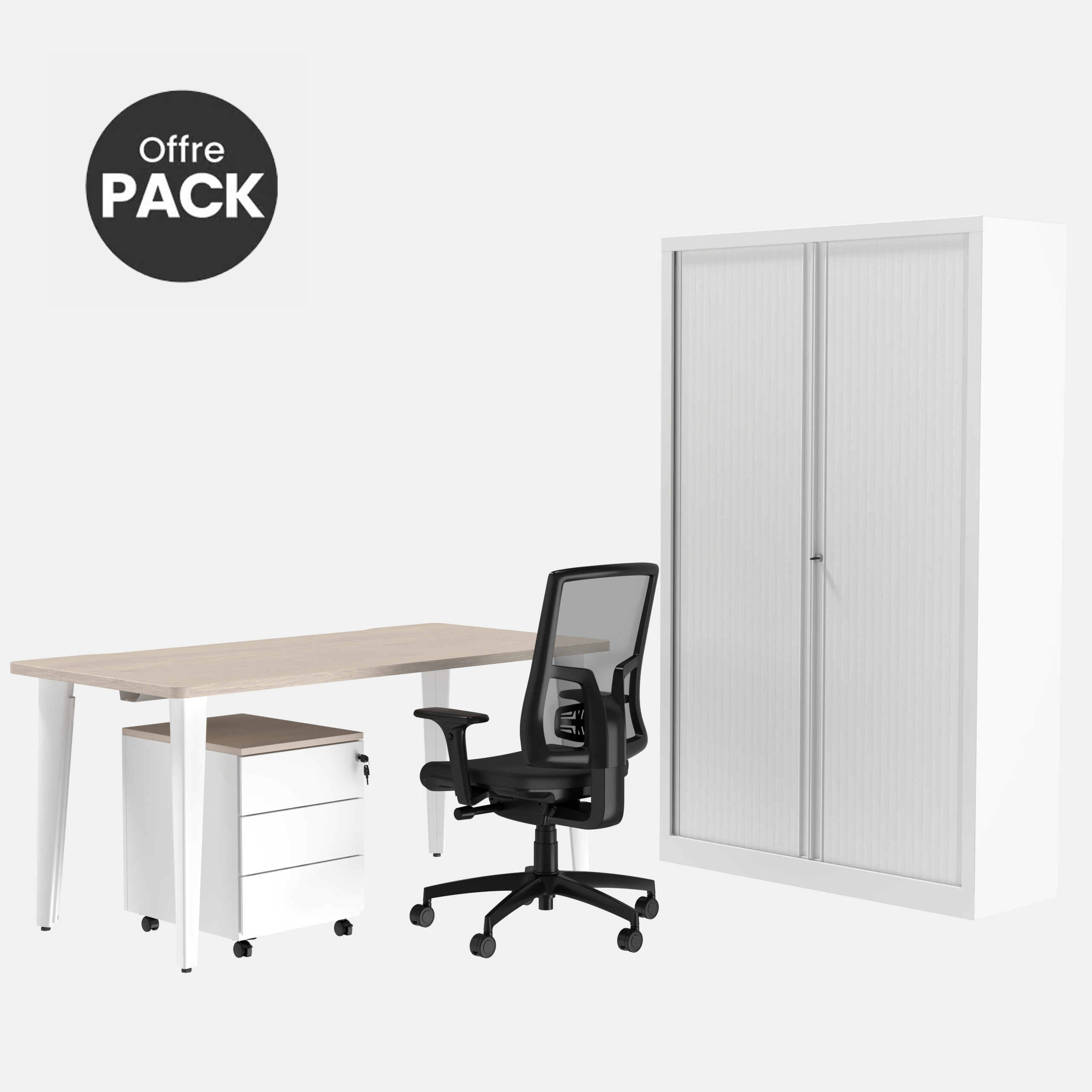 Offre pack : Bureau droit Evidence - l. 160 cm + caisson 3 tiroirs plats - coiffe + armoire haute+fauteuil- délai court