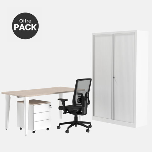 Offre pack : Bureau droit Evidence - l. 160 cm + caisson 3 tiroirs plats - coiffe + armoire haute+fauteuil- délai court