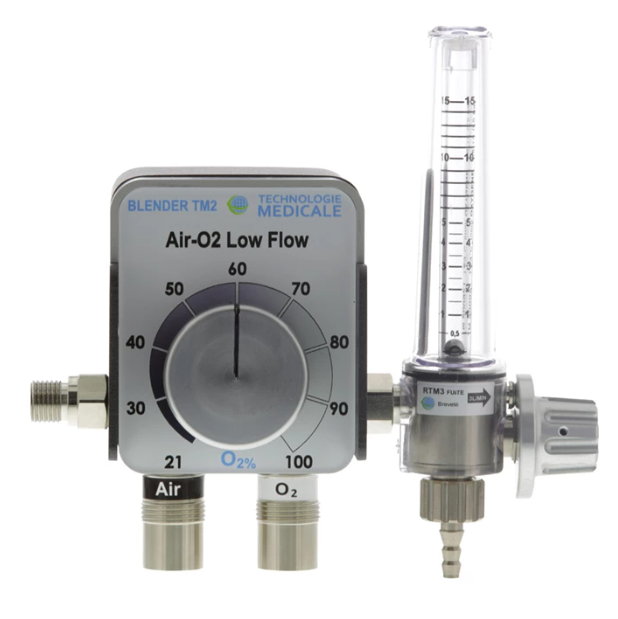 Ensemble fluides Air/O2 avec mélangeur BLENDER TM2 mélangeur TM2 NIST + rotamètre + flexibles NF + fixation