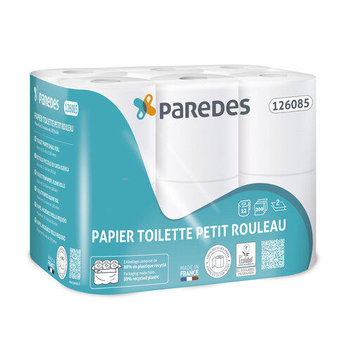 Papier hygiénique blanc petit rouleau 200 formats - Ecolabel - 2 plis - Palette de 28 cartons de 96 pièces - PAREDES