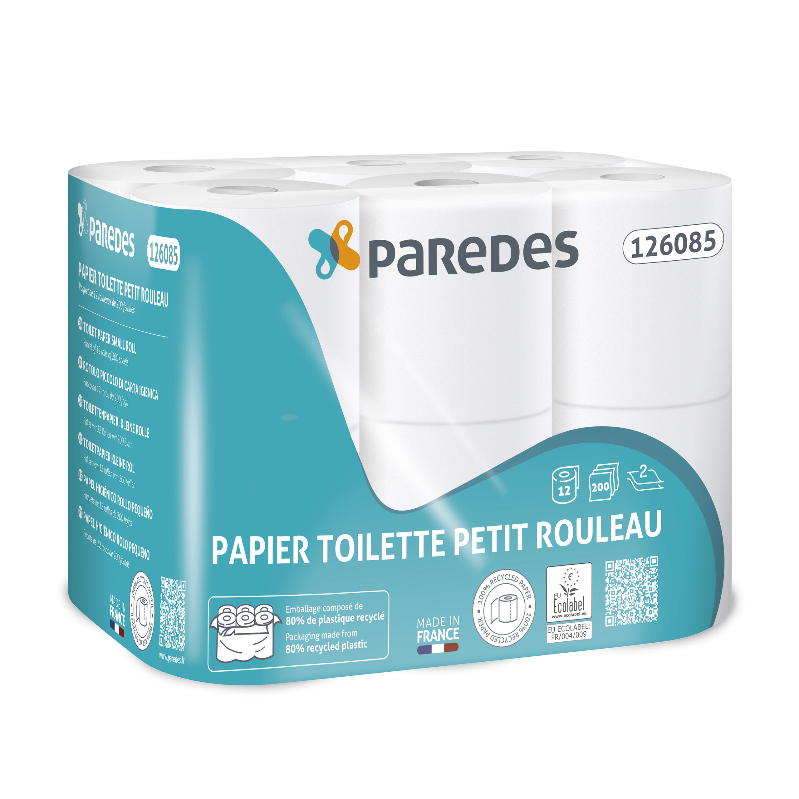 Papier hygiénique blanc petit rouleau 200 formats - Ecolabel - 2 plis - Lot de 10 cartons de 96 pièces - PAREDES