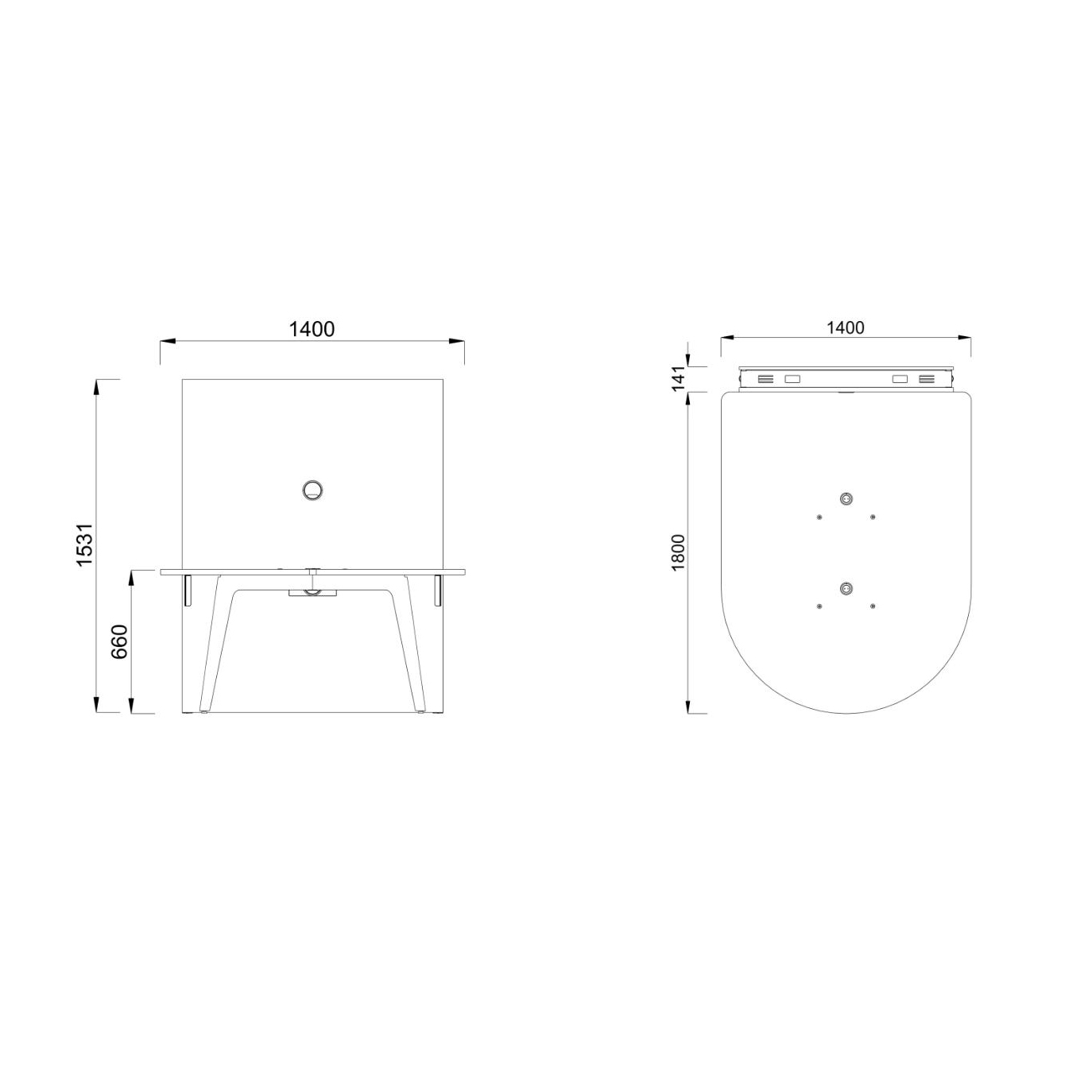 Table basse forme D 4/6 places Lares Media II - l. 140 x h. 66 x pr. 180 cm + mur support - 2 prises courant + 4 prises