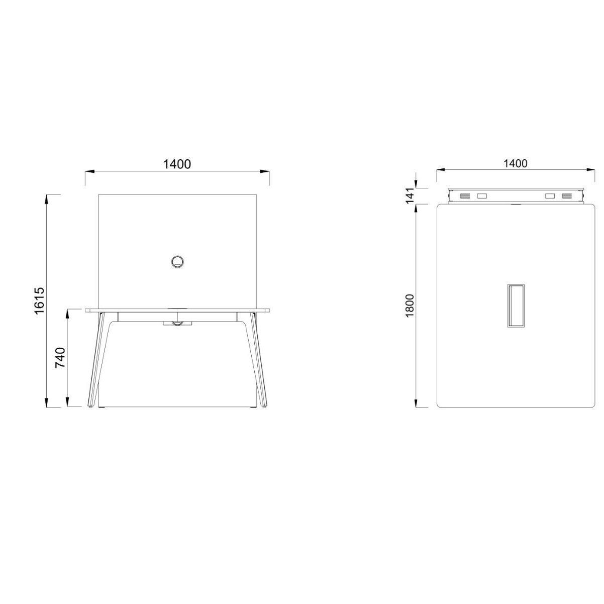 Table rectangulaire 4/6 places Lares Media II - l. 140 x h. 74 x pr. 180 cm + mur support - top access et goulotte