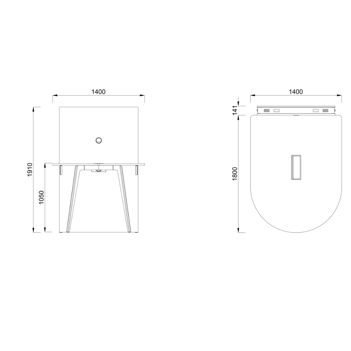 Table haute forme D 4/6 places Lares Media II - l. 140 x h. 105 x pr. 180 cm + mur support - top access et goulotte