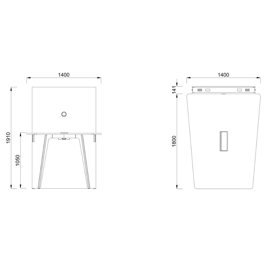 Table haute trapèze 4/6 places Lares Media II - l. 140 x h. 105 x pr. 180 cm + mur support - top access et goulotte