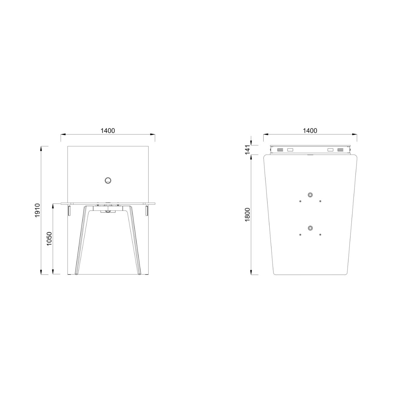 Table haute trapèze 4/6 places Lares Media II - l. 140 x h. 105 x pr. 180 cm + mur support - 2 prises courant + 4 prises