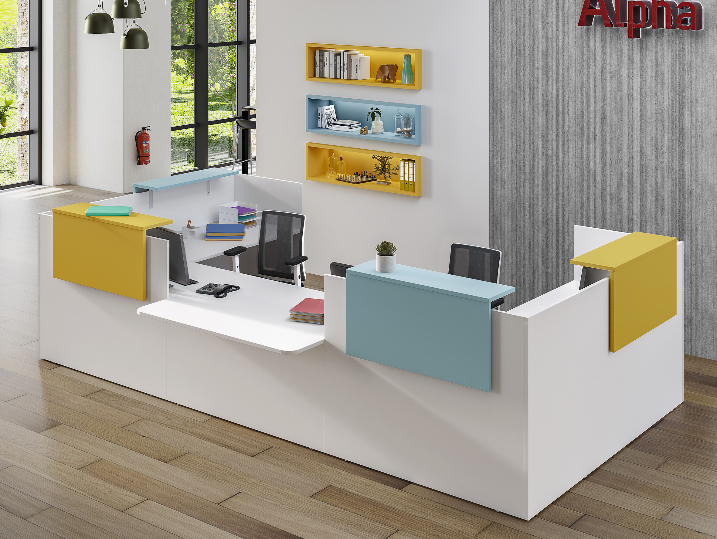 Banque d'accueil en U Ola - l. 345 x pr. 197,5 cm - avec comptoir bas PMR