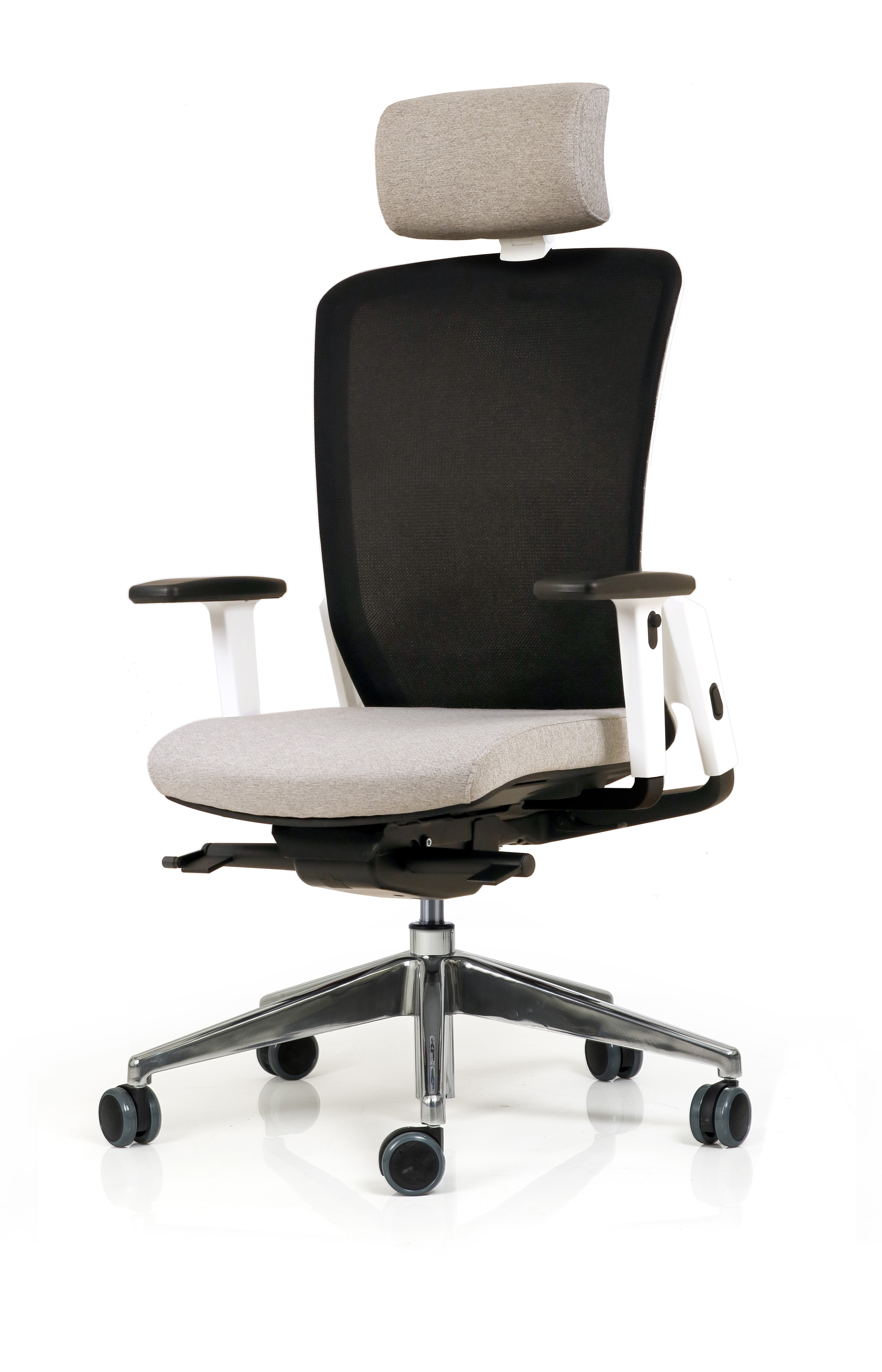 Fauteuil de bureau F8 - assise tissu et dossier résille Rythm - piétement aluminium poli - avec appui-tête