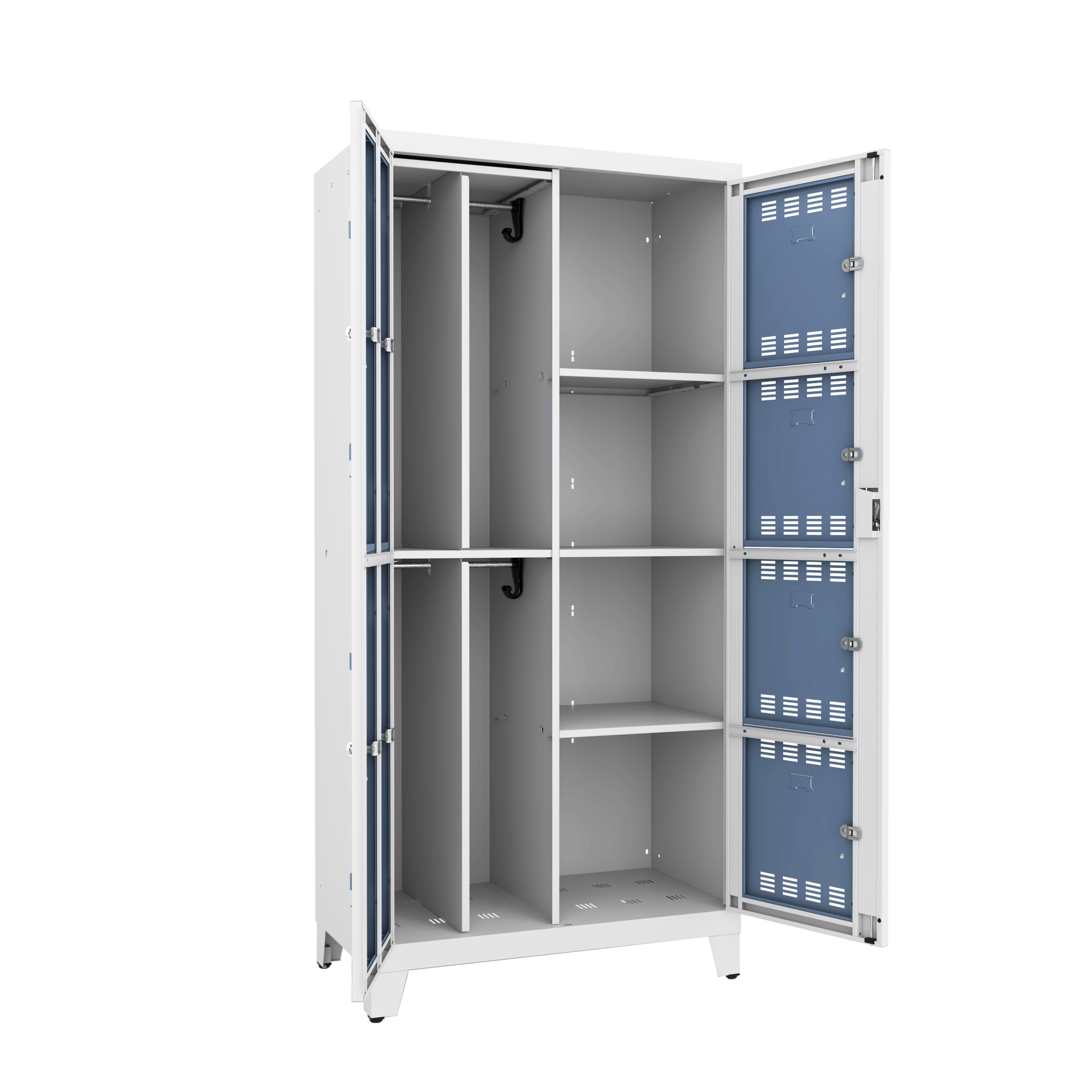 Vestiaire visitable 4 casiers 4 penderies galvanisé sur pieds - serrure ou moraillon