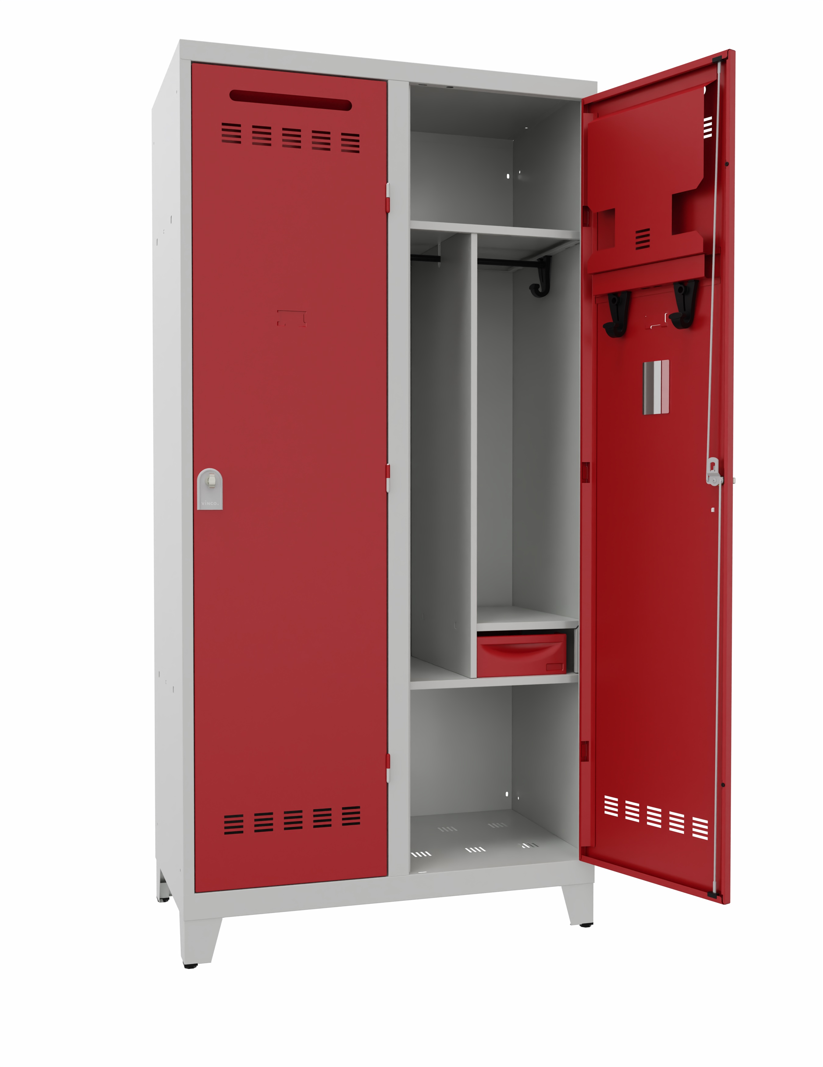 Vestiaire centre de secours avec piétement 2 colonnes - l.10 serrure moraillon - corps gris / portes rouges - délai court