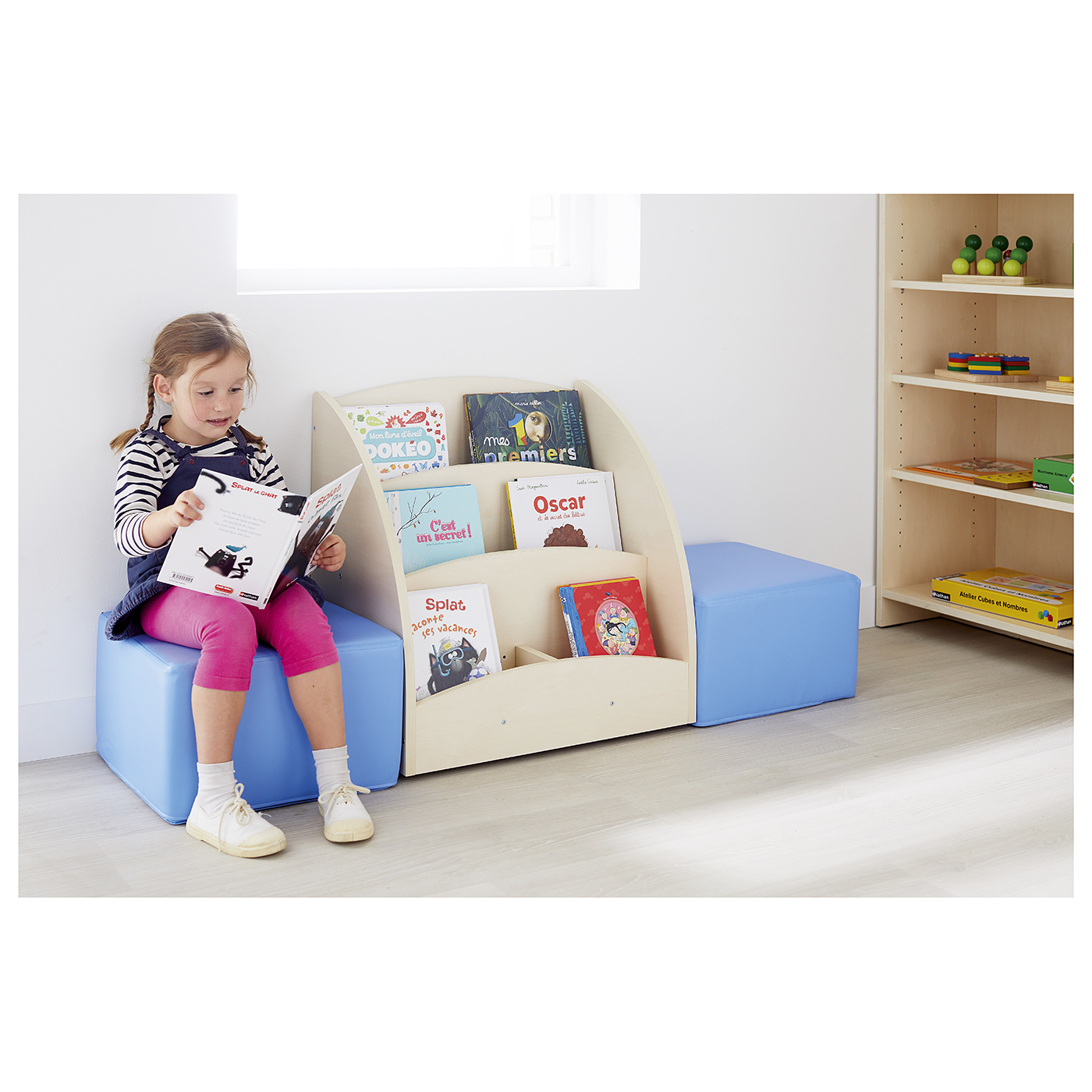 Bacs à livres présentoir à roulettes - 3 compartiments - bouleau