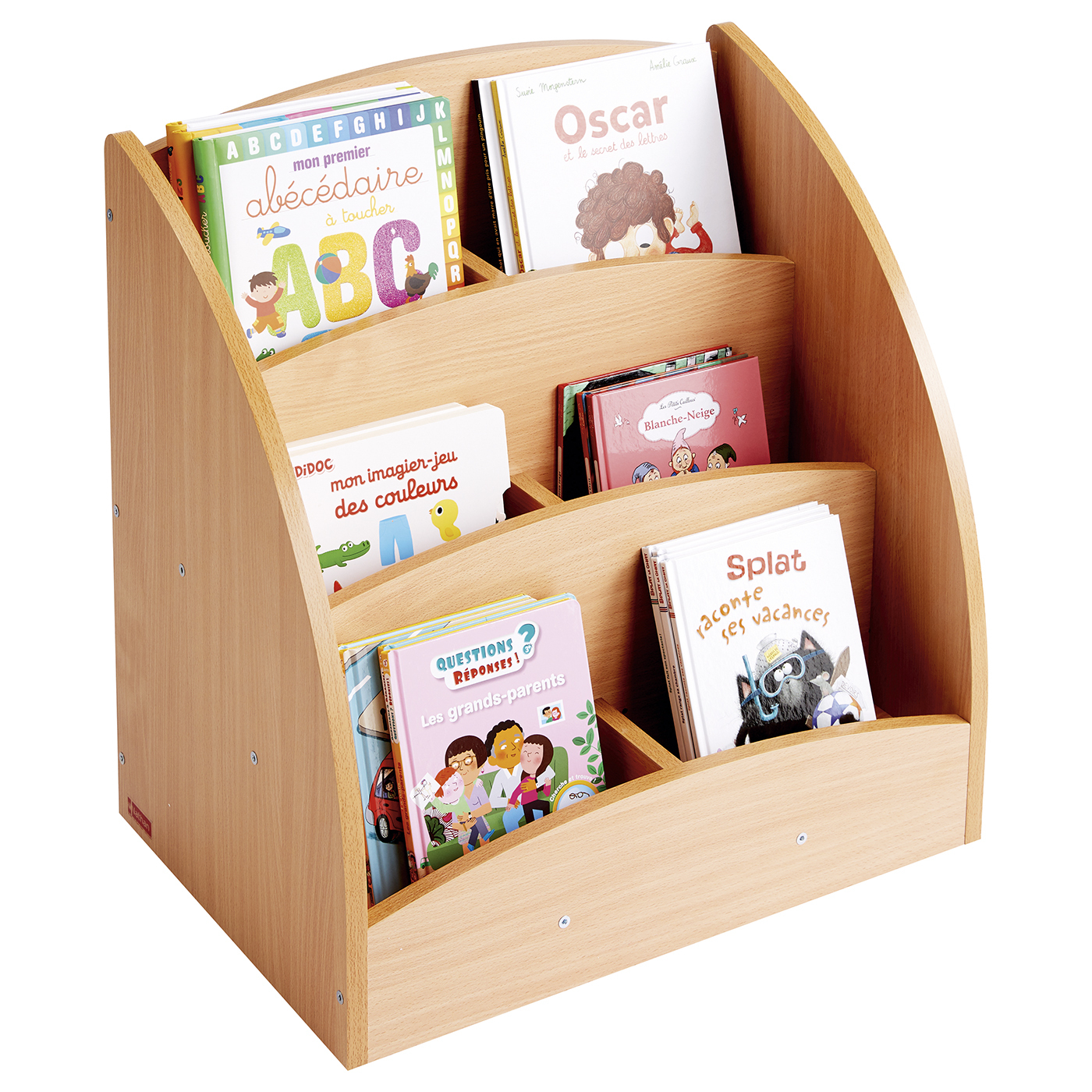 Bac à livres présentoir à roulettes - 6 compartiments - hêtre