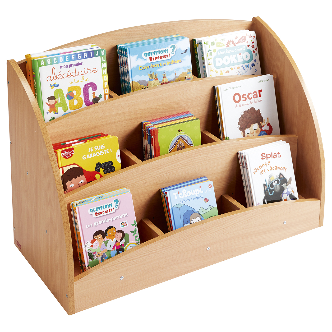 Bac à livres présentoir à roulettes - 9 compartiments - hêtre
