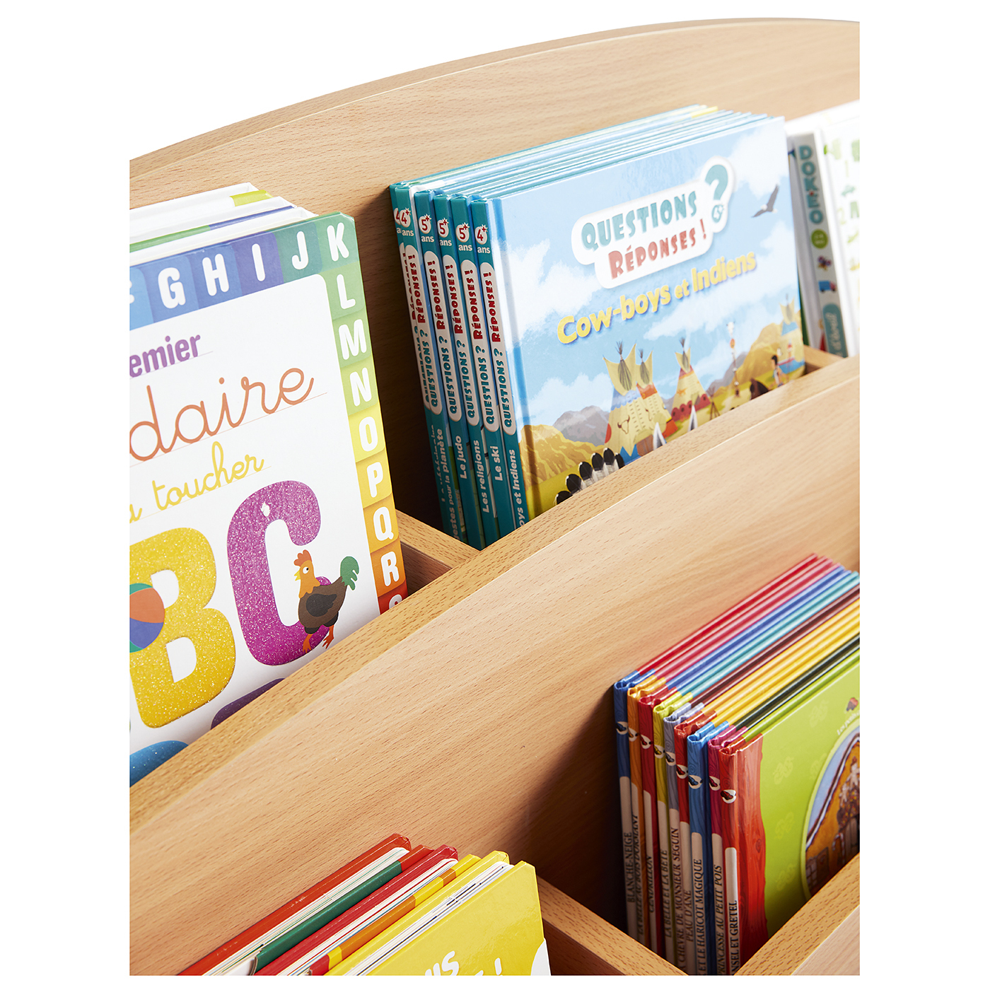 Bac à livres présentoir à roulettes - 9 compartiments - hêtre