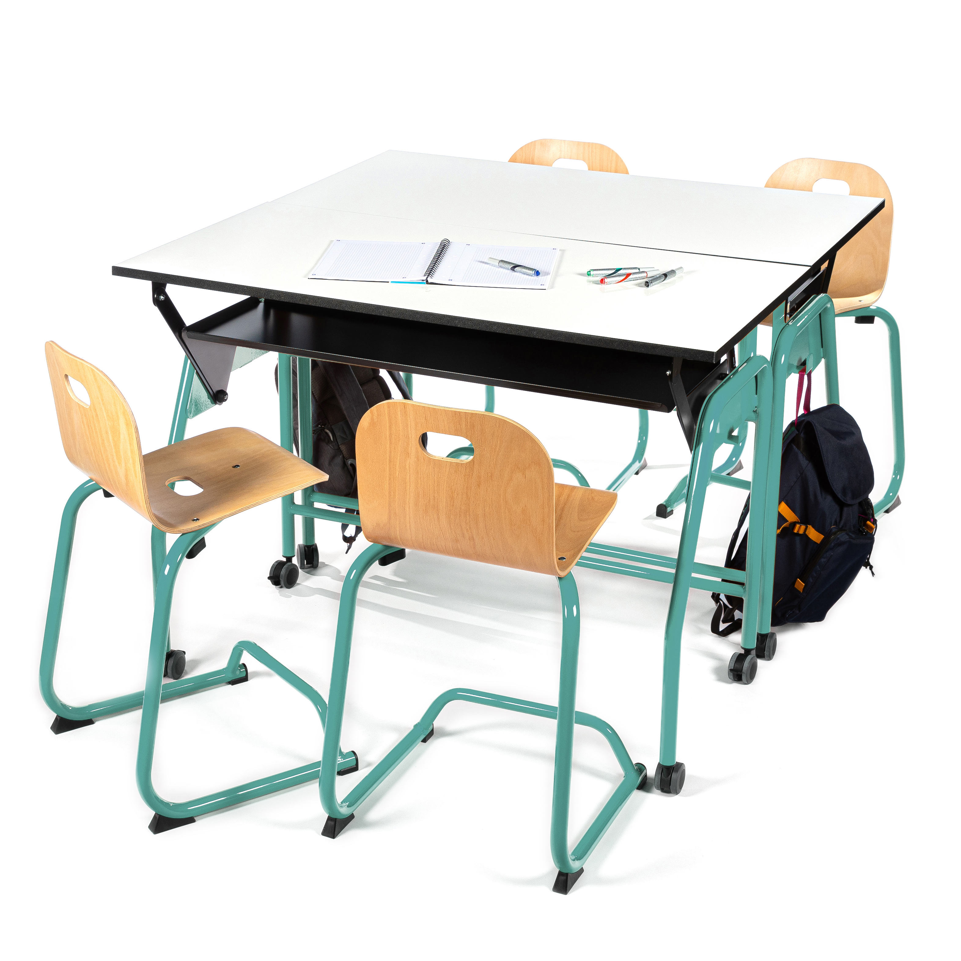 Chaise BIPLAN haute en appui sur table coque bois hêtre - 47 x 94 x 54 cm - piètement métallique avec repose pieds