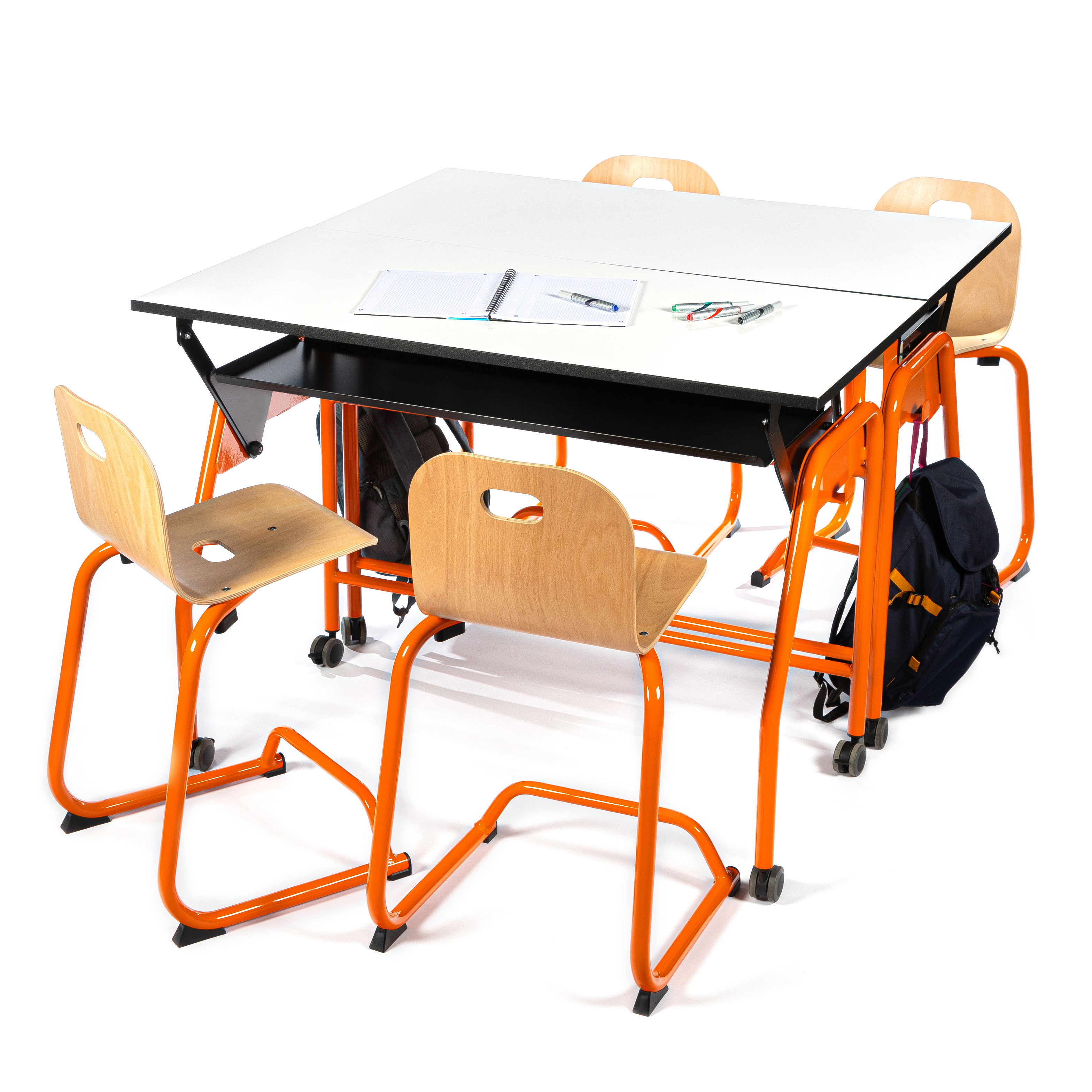 Chaise BIPLAN haute en appui sur table coque bois hêtre - 47 x 94 x 54 cm - piètement métallique avec repose pieds