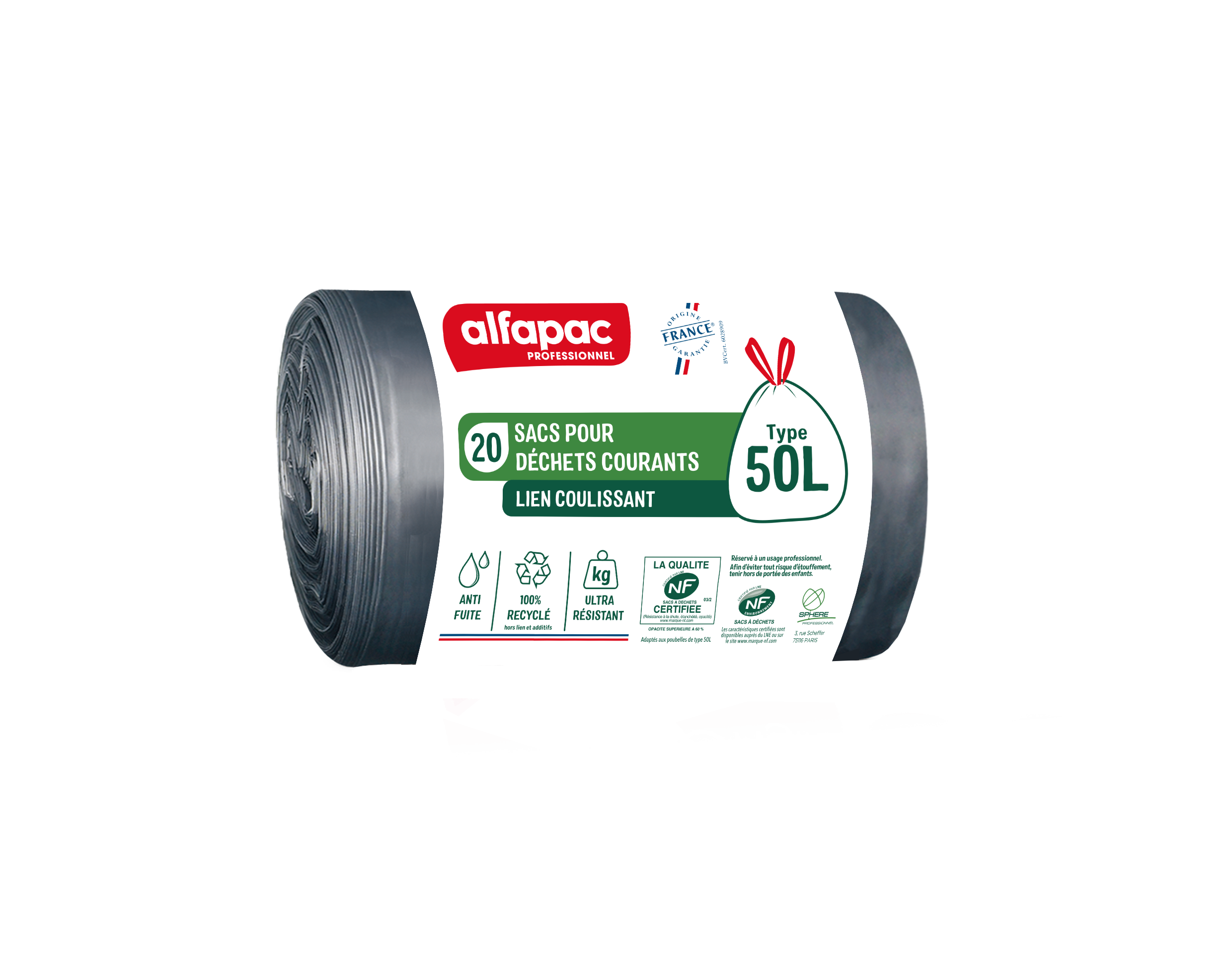 Sac à déchets courants - lien coulissant - 50 l - ép. 28 µm - noir - 20 cartons de 100 - ALFAPAC