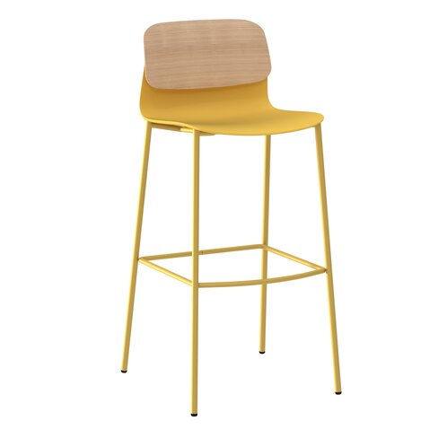 Chaise haute 4 pieds métal Klik - assise polypropylène - dossier chêne - hauteur d'assise 76 cm