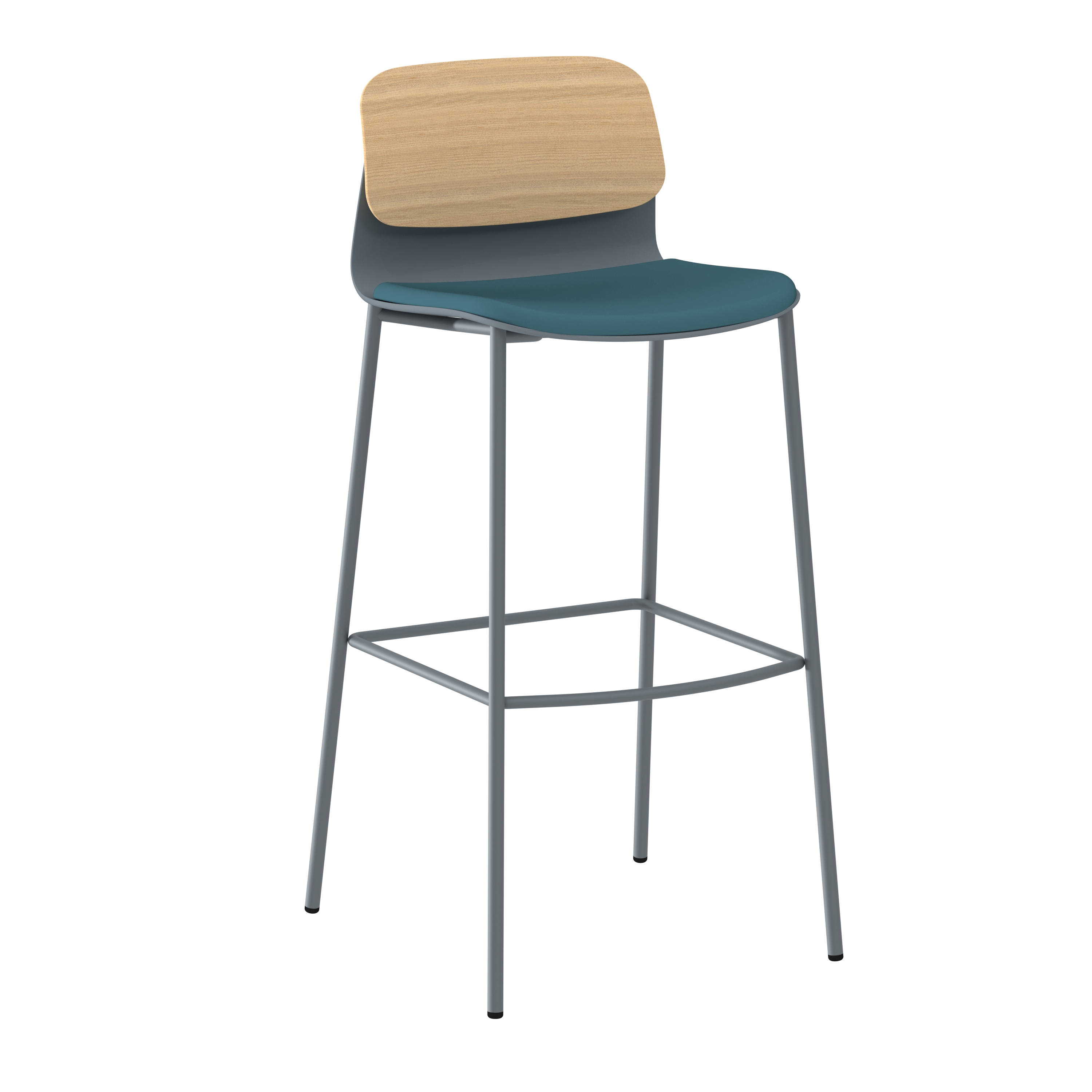 Chaise haute 4 pieds métal Klik - assise textile enduit - dossier chêne - hauteur d'assise 77,5 cm