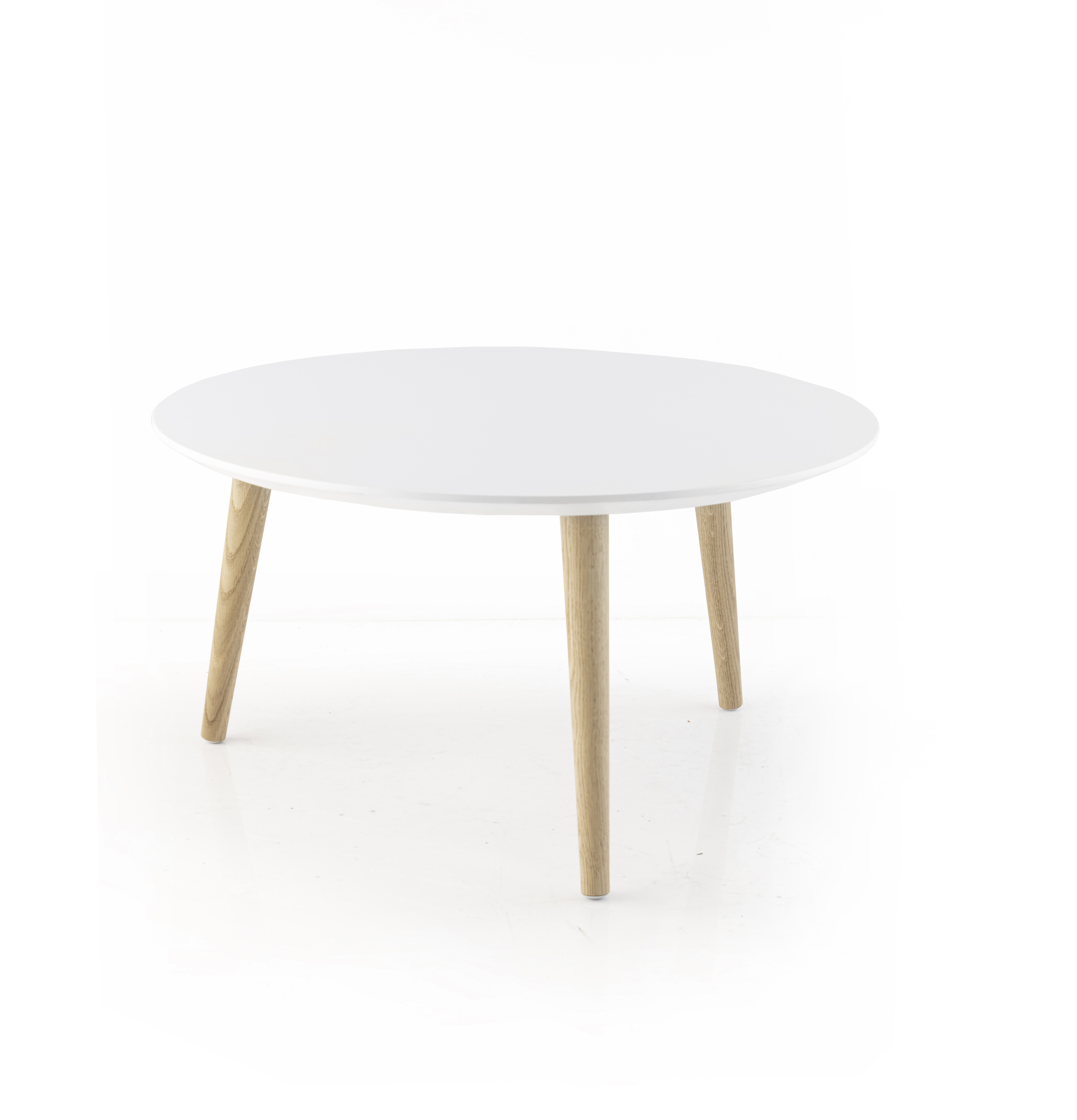 Table basse ronde Eneka - Ø 70 cm - plateau laqué blanc - pieds bois
