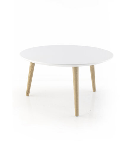 Table basse ronde Eneka - Ø 70 cm - plateau laqué blanc - pieds bois