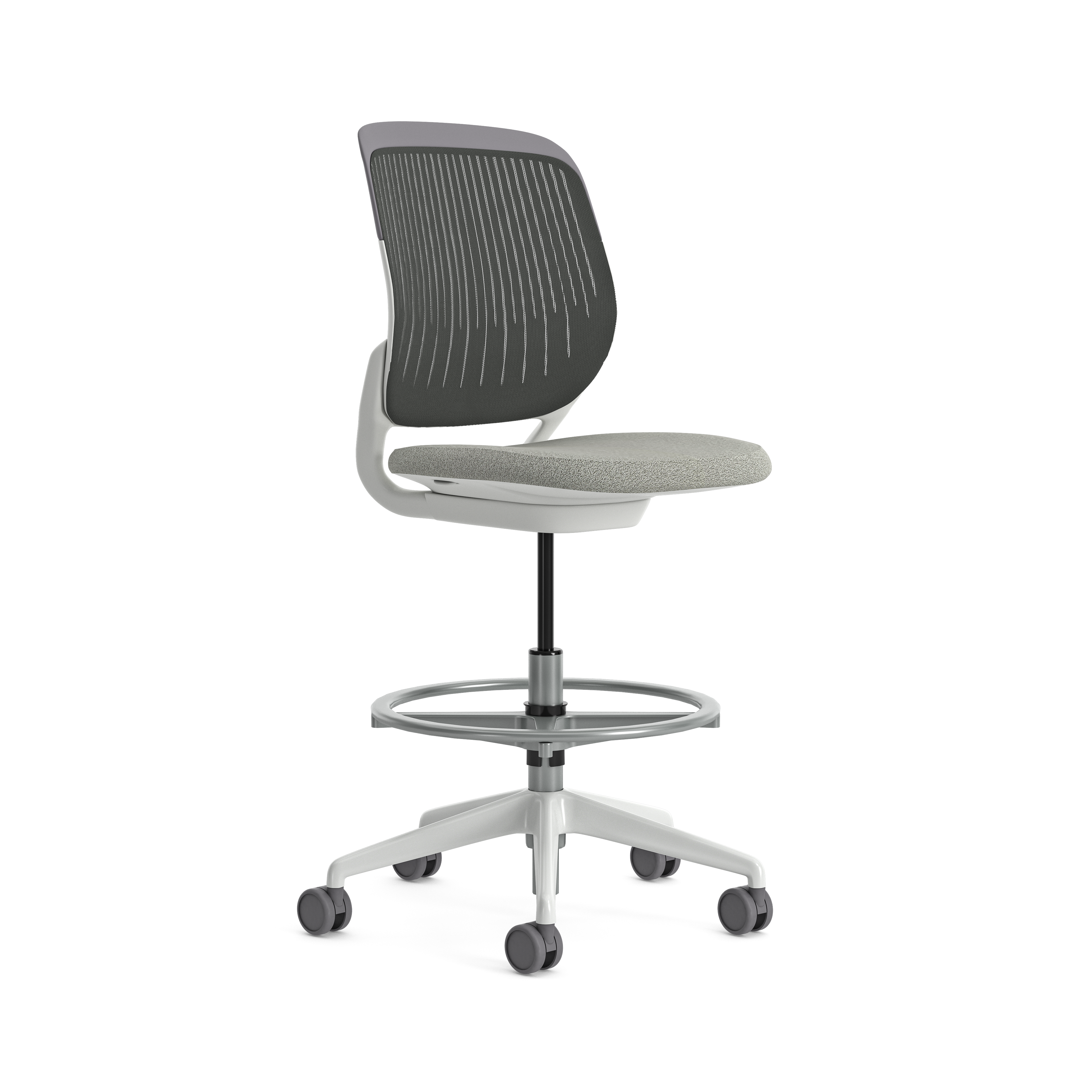 Chaise haute pivotante Cobi - structure et piétement blanc - tissu et résille - piétement sur roulettes