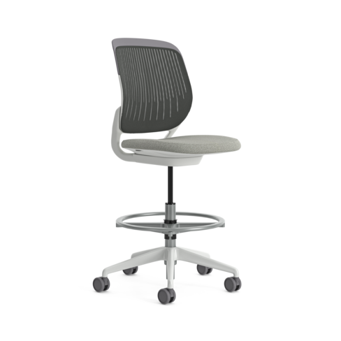 Chaise haute pivotante Cobi - structure et piétement blanc - tissu et résille - piétement sur roulettes