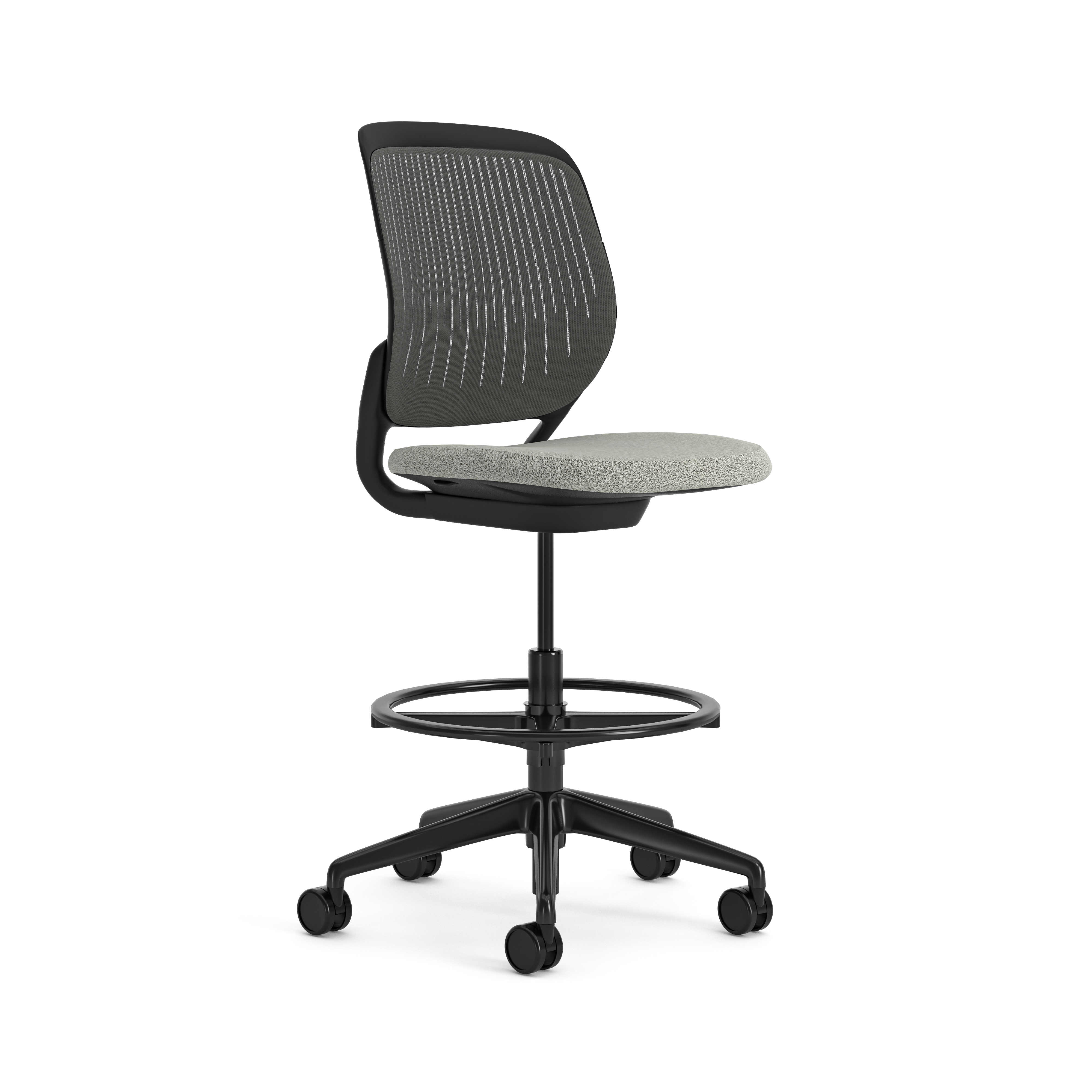 Chaise haute pivotante Cobi - structure et piétement noir - tissu et résille - piétement sur roulettes