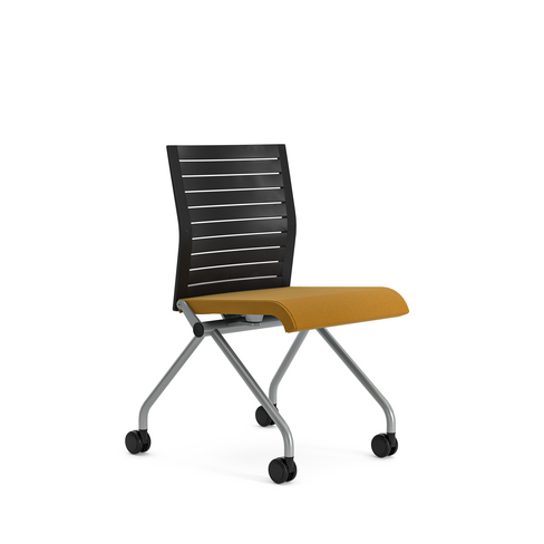 Chaise pliante Please - assise tissu - dossier polypropylène - piétement sur roulettes