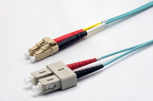 Jarretière optique multimode duplex OM3 50/125 - EKIVALAN - SC-UPC/LC-UPC - aqua - 0,5 m