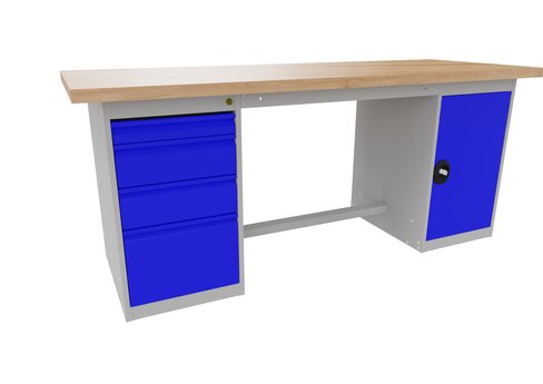 Etabli 2 pieds coffre - plateau multipli hêtre - 1 coffre 1 porte - 1 coffre 4 tiroirs - l. 200 x pr. 75 cm