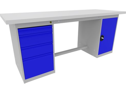 Etabli 2 pieds coffre - plateau stratifié - 1 coffre 1 porte - 1 coffre 4 tiroirs - l. 200 x pr. 75 cm