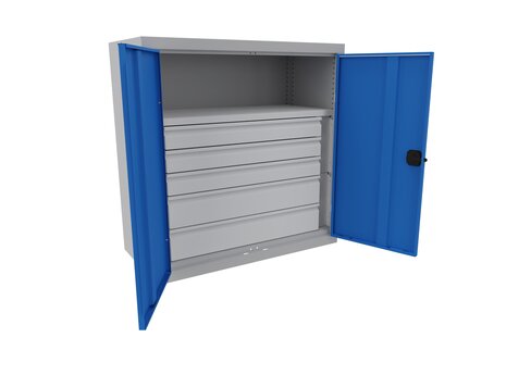 Armoire d'atelier basse - 5 tiroirs + 1 tablette - 100 x 102 x 50 cm - ptes battantes