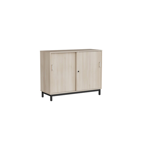 Meuble bas portes coulissantes Mandi - panneaux mélaminé - l. 120 x h. 94,5 x pr. 45 cm - piétement métal réglable -