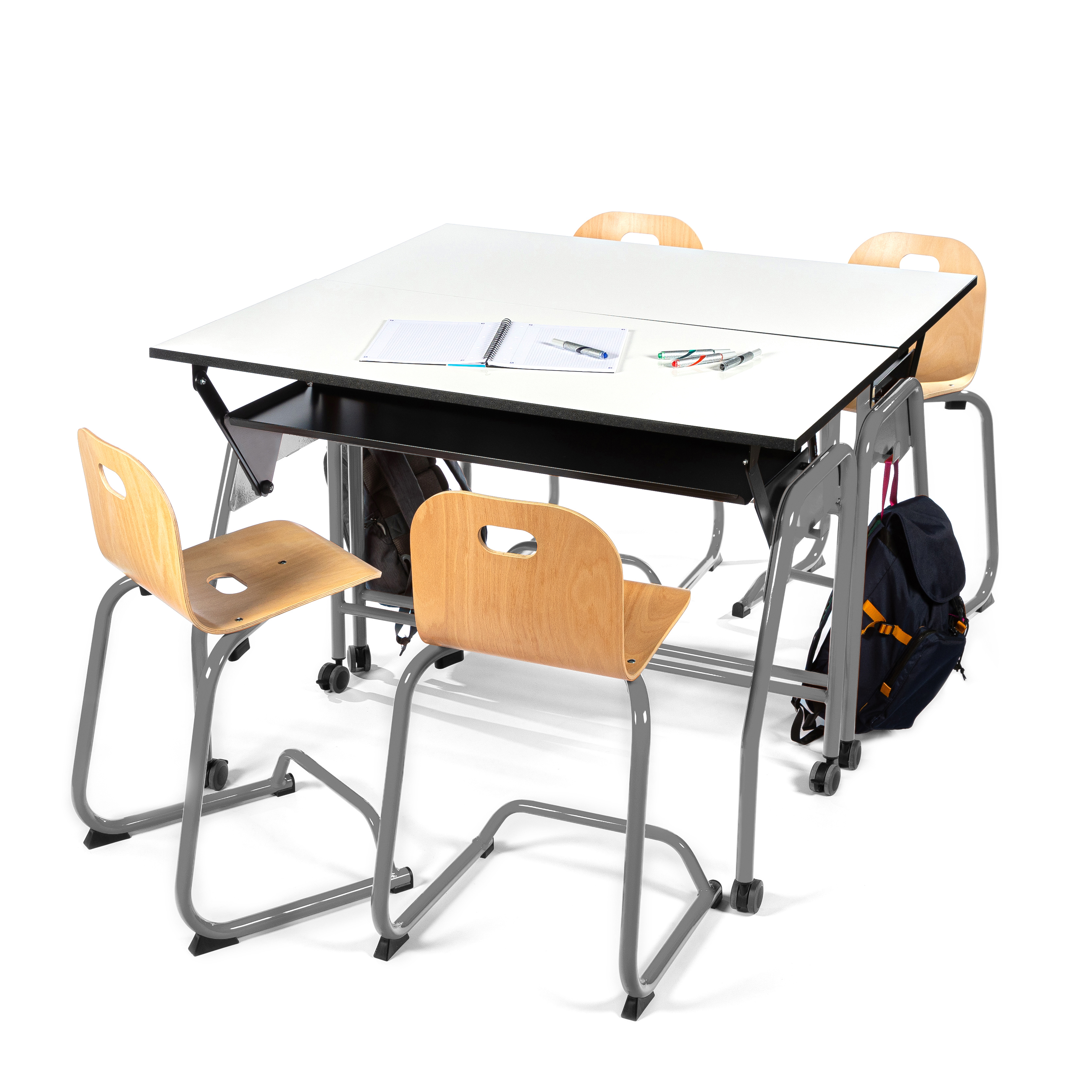 Chaise BIPLAN haute en appui sur table coque bois hêtre - 47 x 94 x 54 cm - piètement métallique avec repose pieds