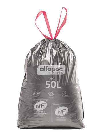 Sac à déchets courants - lien coulissant -  50 l - ép. 28 µm - noir - 1 carton de 100 - ALFAPAC
