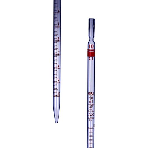 Pipette graduée 1 ml Classe AS en verre, Type 1 écoulement partiel, avec certificat x 2