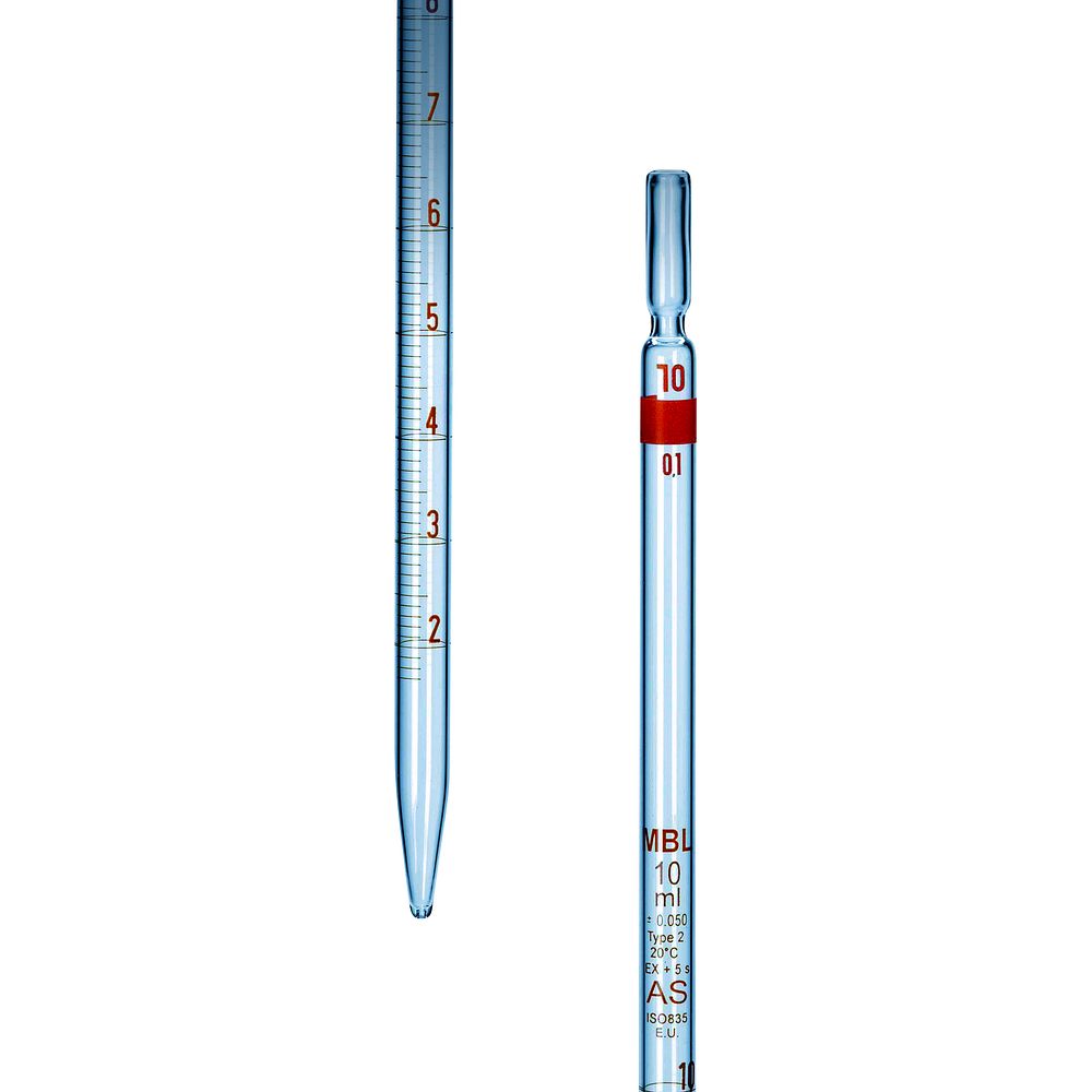 Pipette graduée 2 ml Classe AS en verre, Type 2 écoulement total, 0 ml à la pointe, avec certificat x 2