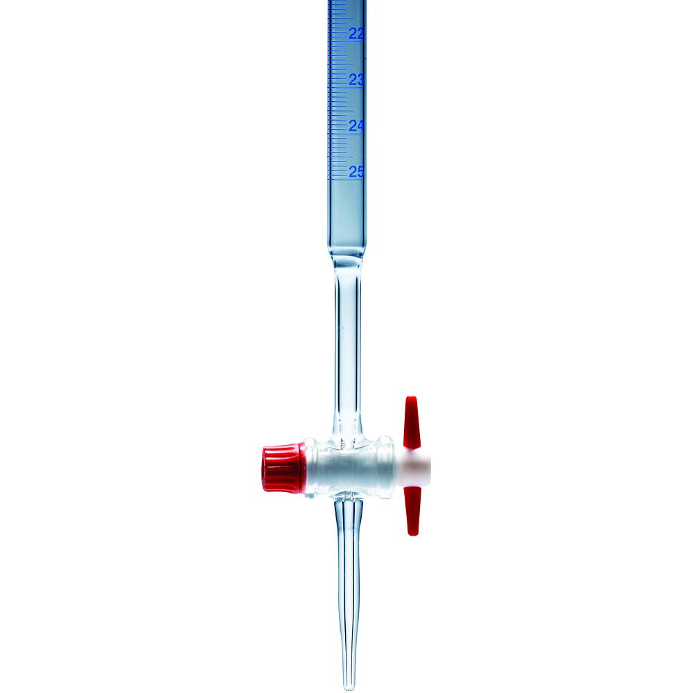 Burette 50 ml Classe B en verre clair avec robinet droit en PTFE, embout entonnoir