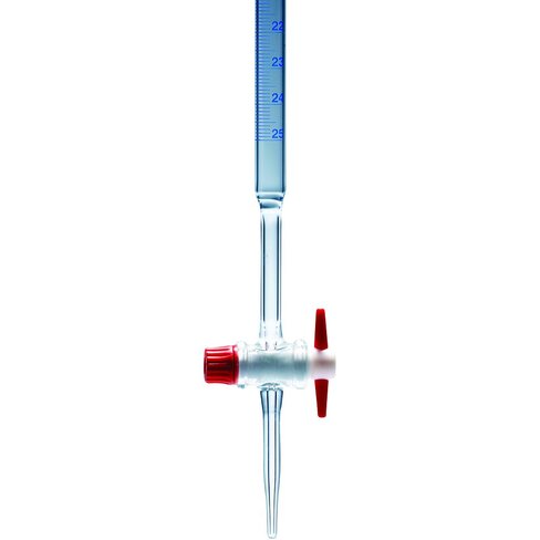 Burette 25 ml Classe B en verre clair avec robinet droit en PTFE, embout entonnoir