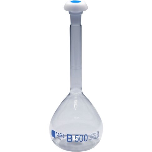 Fiole jaugée 2000 ml Classe B en verre clair, col rodé avec bouchon en polyéthylène, marquage bleu