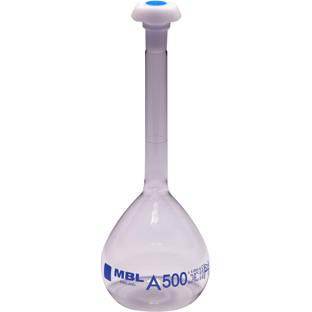 Fiole jaugée 250 ml Classe A en verre clair, col rodé avec bouchon en polyéthylène, marquage bleu